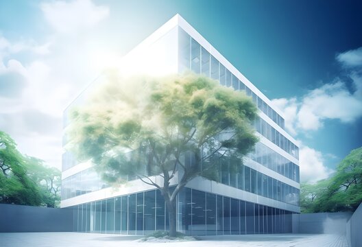 office building with clouds and green tree