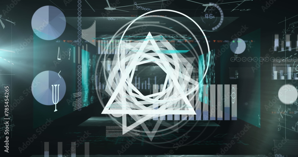 Poster image of white shapes over data processing on black background
