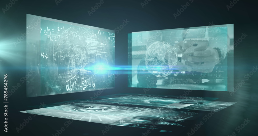 Poster image of blue light spot of multiple screens with data processing against green background