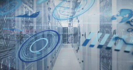 Image of scope scanning and data processing over tech room with computer servers