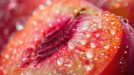 Detailed macro capture of peach slice showcasing peach fuzz color and texture with water droplets on cool background. Peach fuzz color