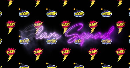 Image of glam squad text in purple neon over zap and boom icons repeated on black background