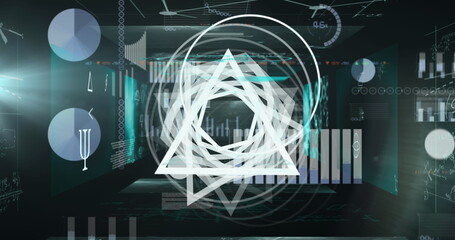 Image of white shapes over data processing on black background