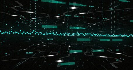 Fototapeta premium Image of graph and data processing over white ufos moving on black background