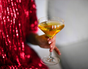 Woman in party outfit holding glass with champagne. Crop female i