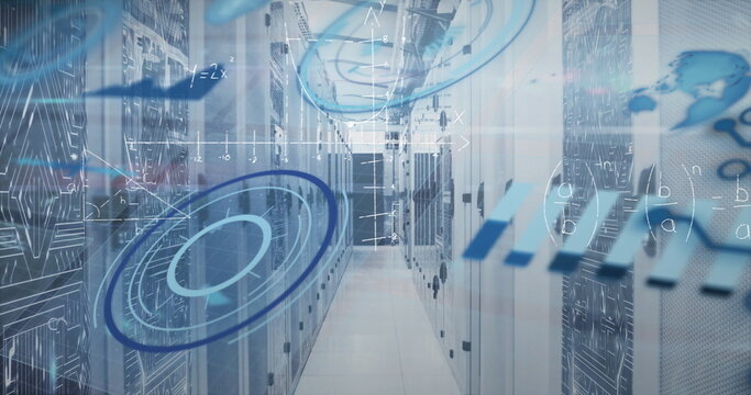 Image of scope scanning and data processing over tech room with computer servers