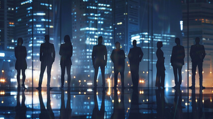 Group of business people outlines with lit background - obrazy, fototapety, plakaty