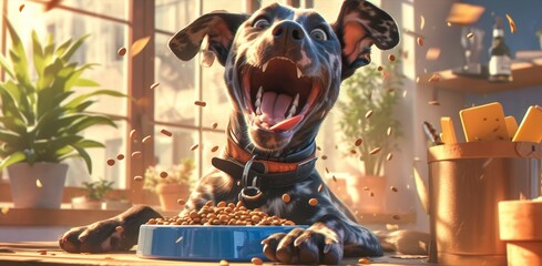 dog in front, excitedly looking at an oversized bowl filled with dog food - obrazy, fototapety, plakaty