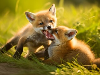 Fototapeta premium Two playful fox cubs interacting in lush green grass during golden hour.