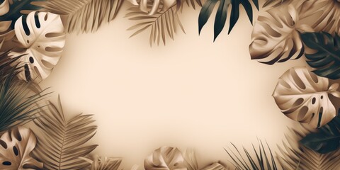 Tan frame background, tropical leaves and plants around the tan rectangle in the middle of the photo with space for text