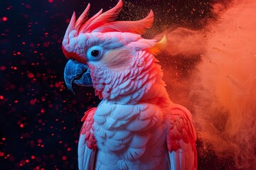 Vivid portrait of a parrot with dynamic red and blue lighting against a dark background.