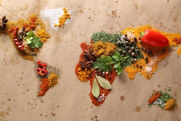 World map of different spices and products on old paper, flat lay