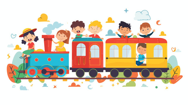Kids boys and girls riding on a cartoon train. Flat 