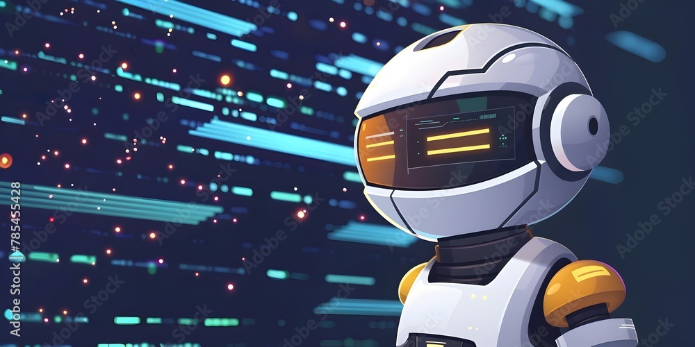 Poster robotic character hosts costume party for advanced algorithms in futuristic digital realm