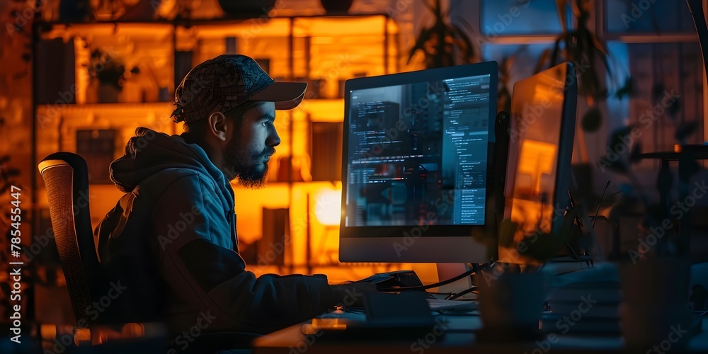Poster programmer silhouetted by monitor light engages in shadow puppetry showcasing passion for coding and