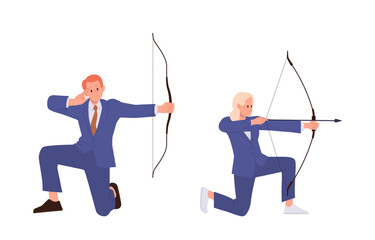 Isolated businessman and businesswoman cartoon characters bow armored accuracy aiming with arrow
