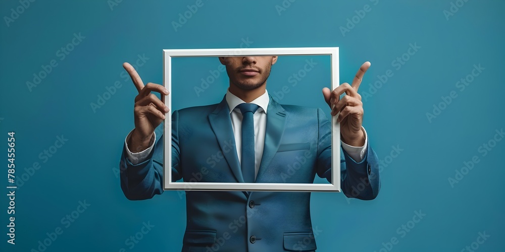 Poster businessman visualizing a concept or vision using fingers to frame an imaginary scene