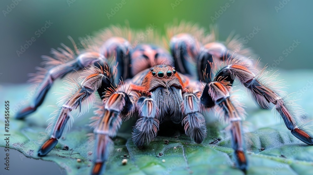 Poster detailed macro close up of a tarantula in its natural habitat, capturing intricate spider features
