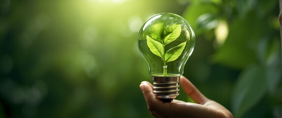 Eco-friendly concept symbolized by a green leaf inside a light bulb, showcasing sustainability and renewable energy