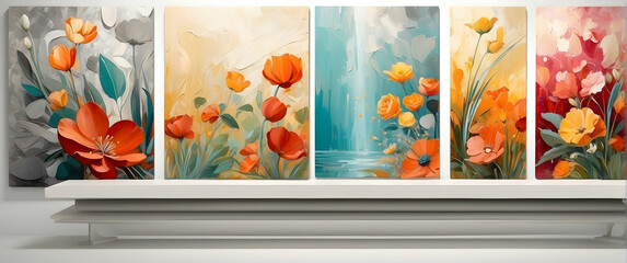 A triptych of stylized flower paintings placed on a sleek floating shelf, bringing a modern touch to floral art