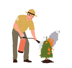 Young worried forest ranger cartoon character extinguishing fire on spruce tree isolated on white