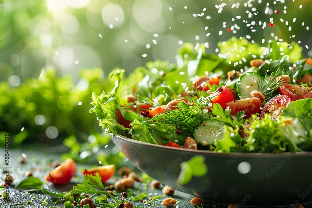 Wall mural A gardenfresh salad sprinkled with tiger nuts and fresh herbs from a culinary herb garden