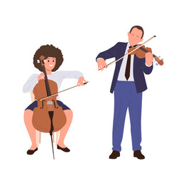 Man and woman classical musician cartoon characters playing violin and contrabass string instrument