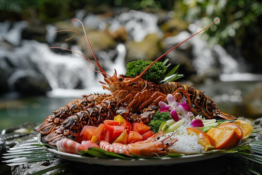A seafood platter featuring giant water bugs with tropical fruit salsa