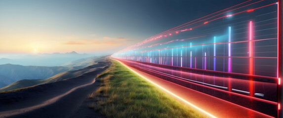 Illuminated neon road curving through a mountainous landscape at dusk, showcasing technology and exploration