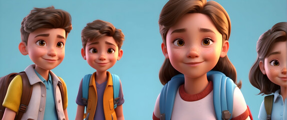 Close-up of three animated children showing friendly and welcoming smiles with highly expressive eyes