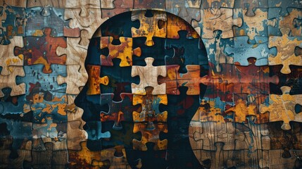 Human head profile with jigsaw puzzles. Mental health, brain problem, personality disorder, cognitive psychology and psychotherapy, problem-solving, thinking, self-discovery concept background - 785456882