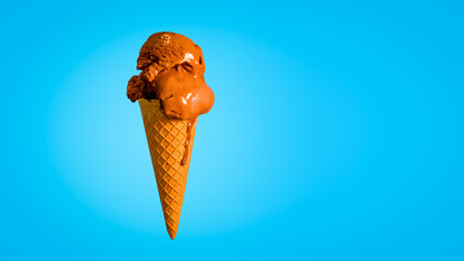 Chocolate Ice Cream in a Waffle Cone Isolated on a Blue Background