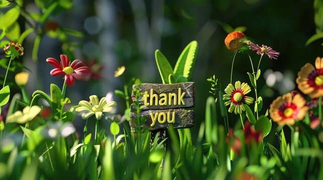 Thank you images, Thank you wallpaper, Thank you text on a grass and flower background, Spring background.