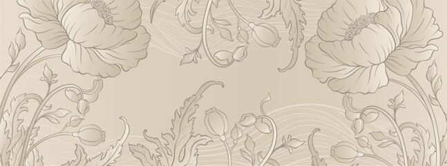 Elegant prestigious background neutral template with peony flowers. The design luxury peony is made for oriental chinese motif with gold and beige colors.