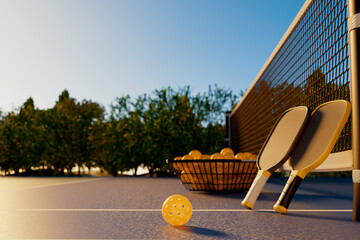 Pickleball racket and balls in a basket outdoors on a sport court in sunset sunlight. 3d rendering.