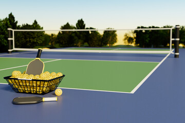 Pickleball rackets and balls in a basket on an outdoor sports court. 3D rendering.