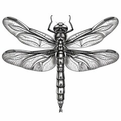 A black and white illustration of a dragonfly