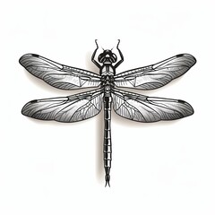 A black and white illustration of a dragonfly with intricate details.