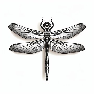 A black and white illustration of a dragonfly with intricate details.