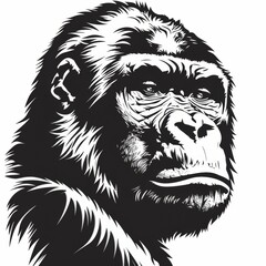 Fototapeta premium A black and white line drawing of a gorilla looking to the right.