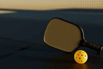 A pickleball racket and ball lie on the court at dusk. 3D rendering.