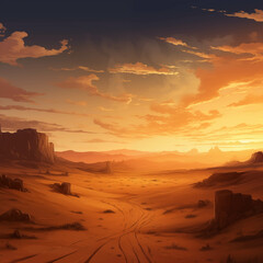 Vast desert landscape bathed in fiery orange hues as the sun dips below sand dunes.