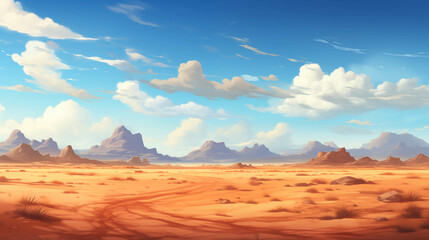 Fototapeta na wymiar Vast desert landscape bathed in fiery orange hues as the sun dips below sand dunes.