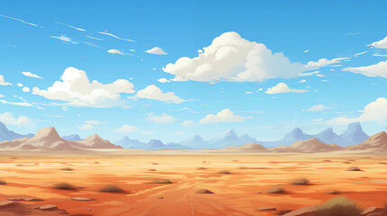 Naklejka premium Vast desert landscape bathed in fiery orange hues as the sun dips below sand dunes.