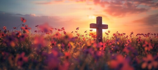 Symbolic easter scene  empty tomb stone with cross on meadow against sunrise backdrop