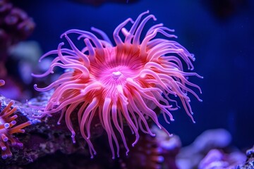 Naklejka na ściany i meble Colorful sea anemone thriving in a vibrant coral reef ecosystem, underwater beauty