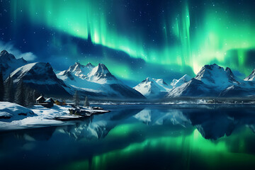 Aurora borealis on the Norway. Green northern lights above mountains. Night sky with polar lights. Night winter landscape - obrazy, fototapety, plakaty