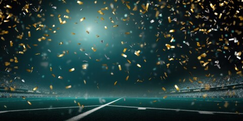 Teal background, football stadium lights with gold confetti decoration, copy space for advertising banner or poster design