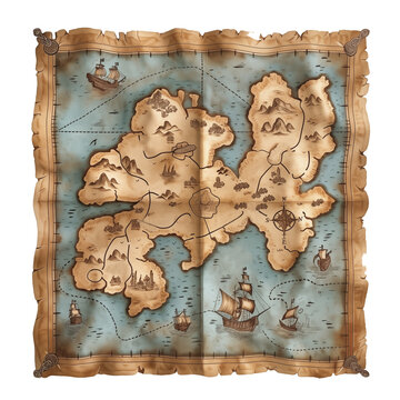 Cartoon pirate treasure map, top view on white background, 3D render element for game. 