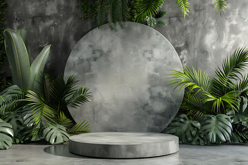 Contemporary Gray Podium Stage Rack, circle shape, front view focus with Green Stone and Tropical Leaves Background, perfect, very realistic